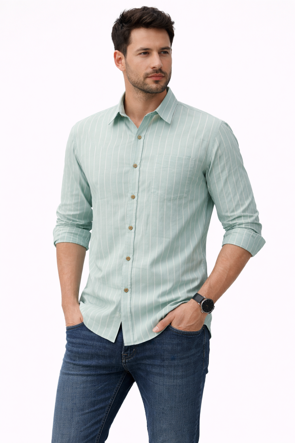Mint Green Vertical Pin Stripe Cotton Fabric