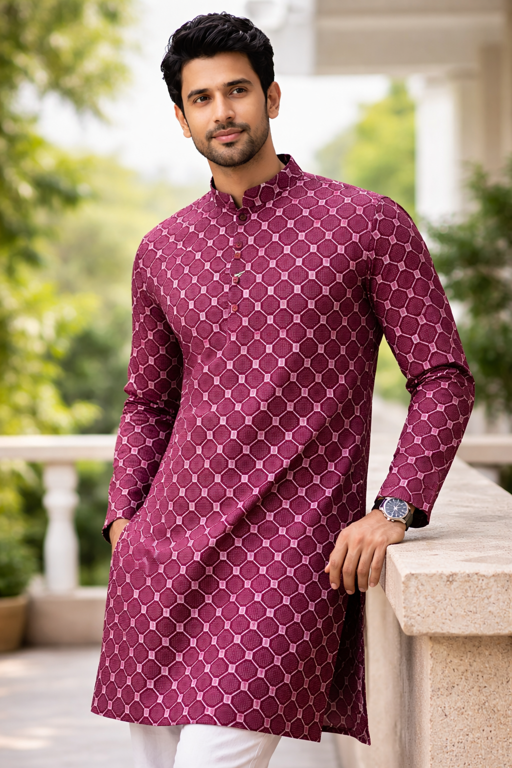 Maroon Honeycomb Geometric Print Premium Cotton Fabric