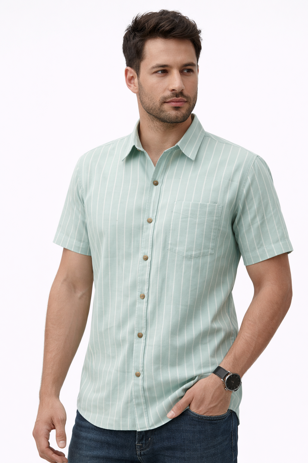 Mint Green Vertical Pin Stripe Cotton Fabric
