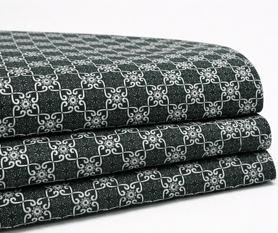 Dark Green Heritage Floral Grid Print Cotton Fabric