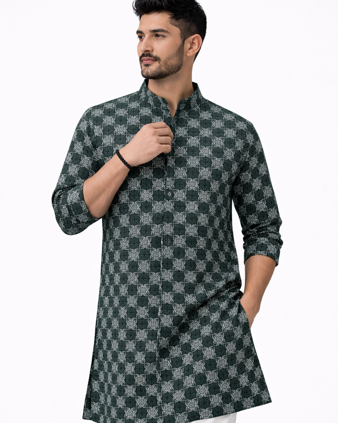Dark Green Heritage Floral Grid Print Cotton Fabric