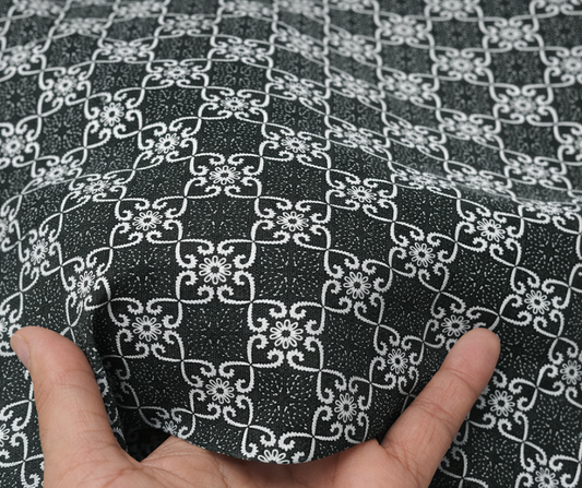 Dark Green Heritage Floral Grid Print Cotton Fabric