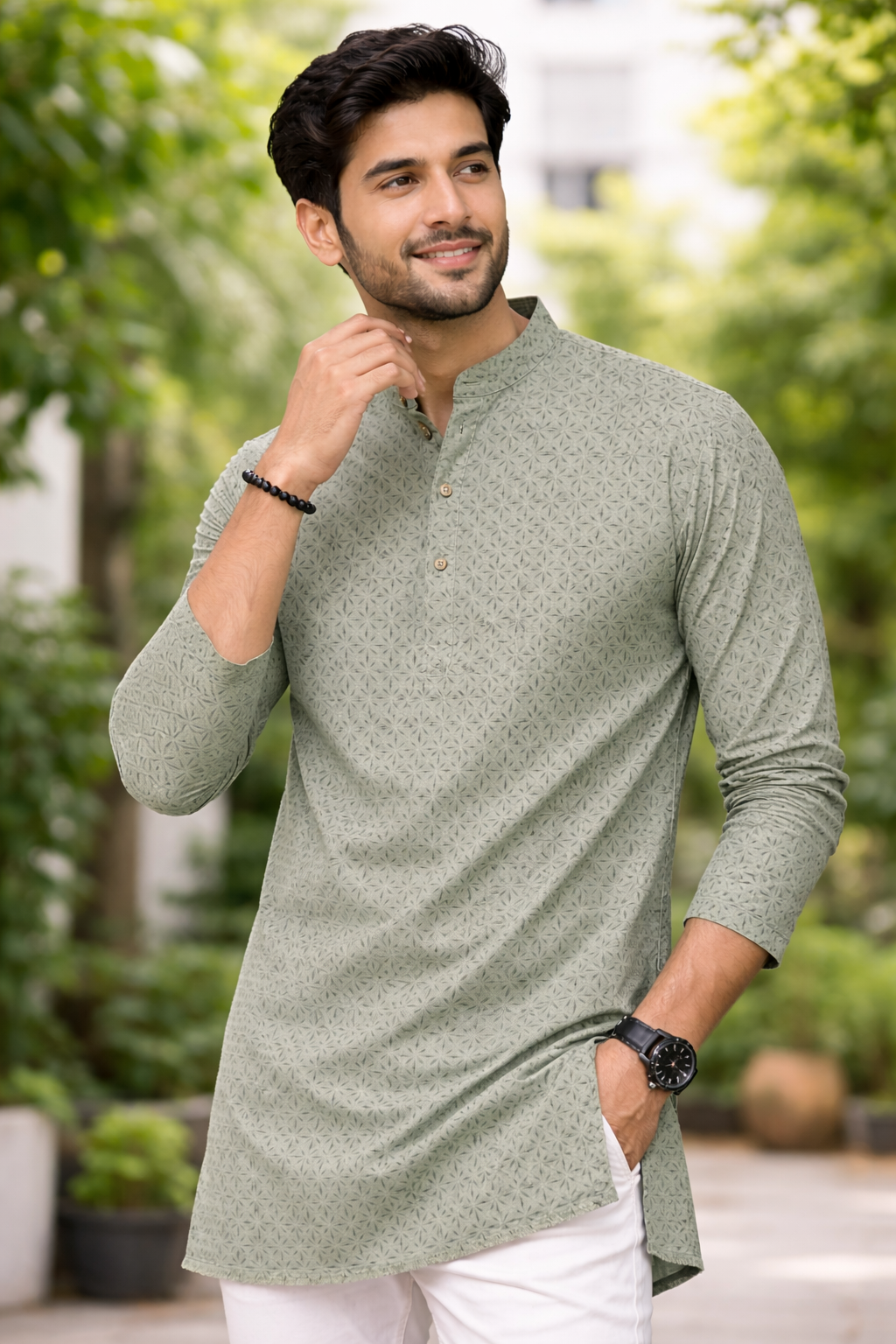Sage Green Geometric Star Print Premium Cotton Fabric- For Shirts & Kurtas