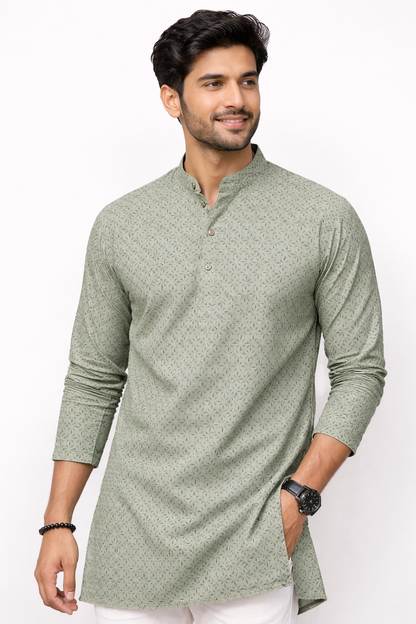 Sage Green Geometric Star Print Premium Cotton Fabric- For Shirts & Kurtas