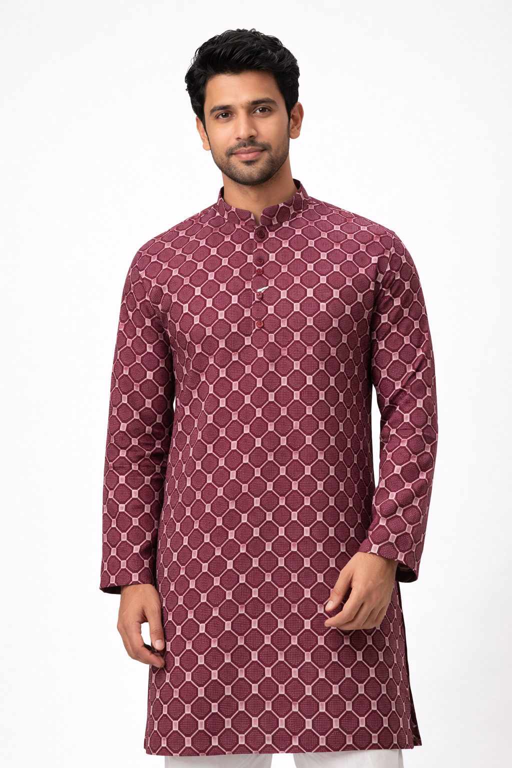 Maroon Honeycomb Geometric Print Premium Cotton Fabric