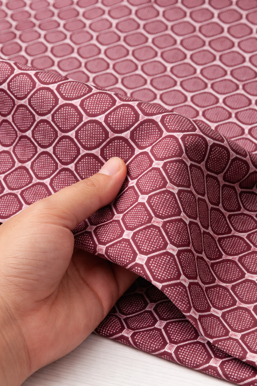 Maroon Honeycomb Geometric Print Premium Cotton Fabric